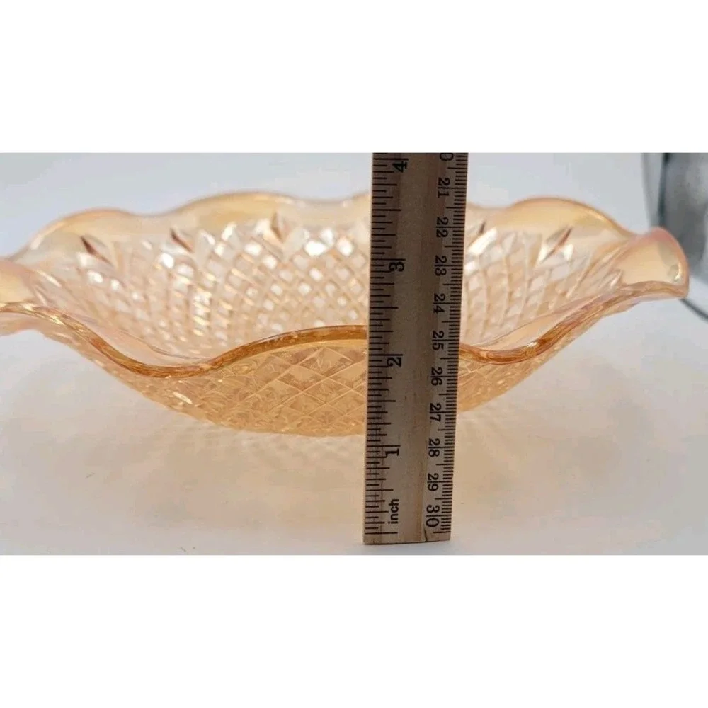 Vintage 1940s Indiana Glass Orange Carnival Glass Ruffled Diamond Point Bowl 11
